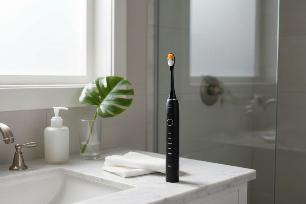 Szczoteczka soniczna GÖTZE & JENSEN ST955 akumulator 600 mAh 5 godzin pracy 75 dni ładowanie USB-C 300 minut Szczoteczka soniczna Götze & Jensen ST955 na białym blacie łazienkowym obok zielonego liścia monstery.