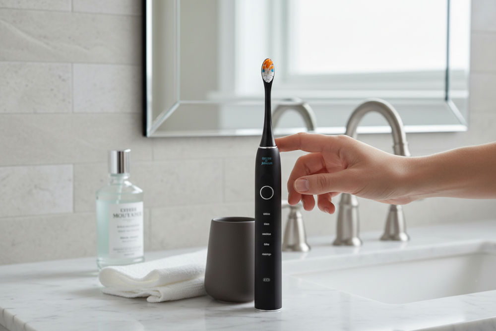 Szczoteczka soniczna GÖTZE & JENSEN ST955 technologia soniczna przepływ wody tryby White Clean Sensitive Shine Massage rodzina Palec wskazujący dotykający górnej części szczoteczki sonicznej Götze & Jensen ST955 w łazience.