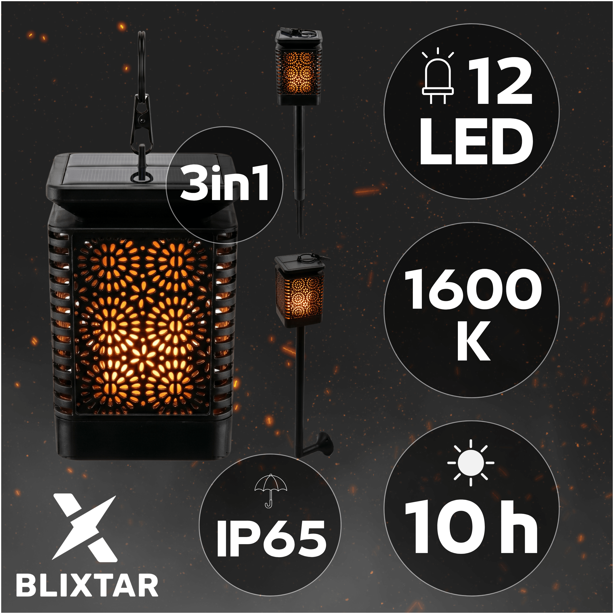 Obraz przedstawia lampę solarną z efektem płomienia, z logo Blixtar. Widoczne są informacje: \'3in1\', \'12 LED\', \'1600 K\', \'IP65\', \'10 h\'.