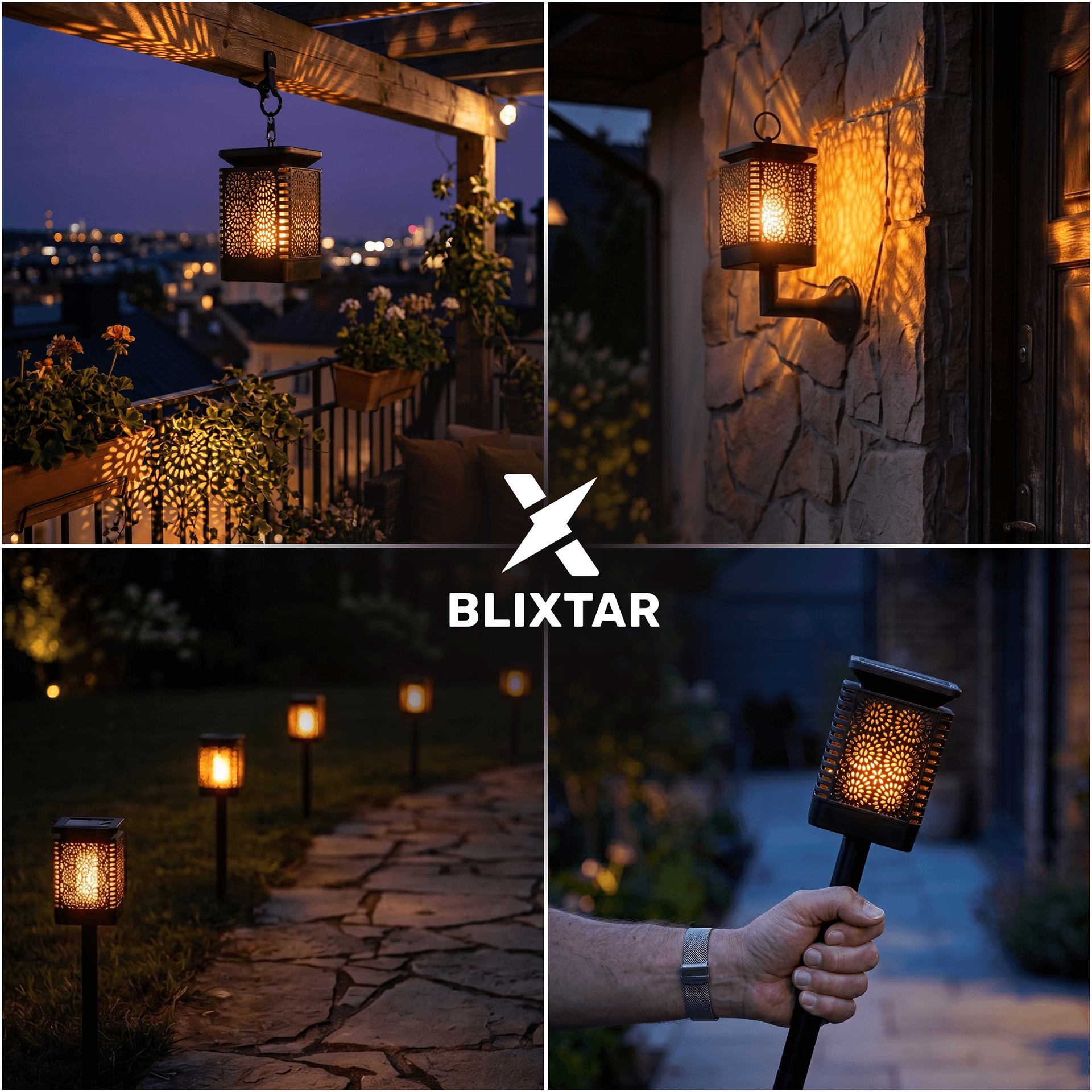Obraz przedstawia różne zastosowania lampy solarnej z efektem płomienia, w tym jako lampion wiszący, kinkiet na ścianie oraz pochodnię trzymaną w ręce. Na środku widoczne jest logo \'BLIXTAR\'.
