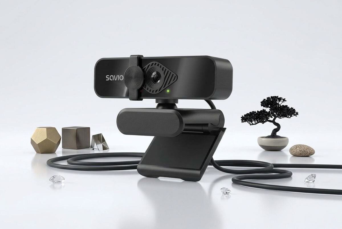 Czarna kamera internetowa z logo \'SAVIO\' na obudowie, umieszczona na podstawce, z widocznym kablem USB. W tle znajdują się geometryczne kształty i małe drzewko bonsai.