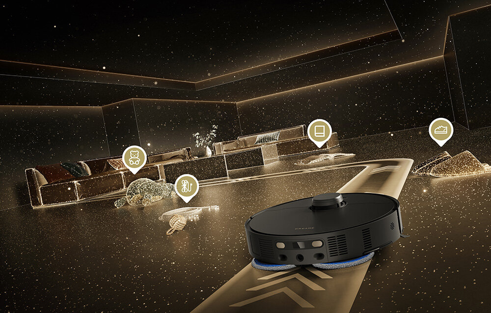 Robot sprzątający DREAME Matrix 10 Pro Czarny zdjęcie lifestyle Inteligentna nawigacja AI System Pathfinder™ Smart Navigation (LDS) Technologia Smart 3DAdapt  kamerę RGB, światło strukturalne i AI  280 typów obiektów Podświetlenie LED 