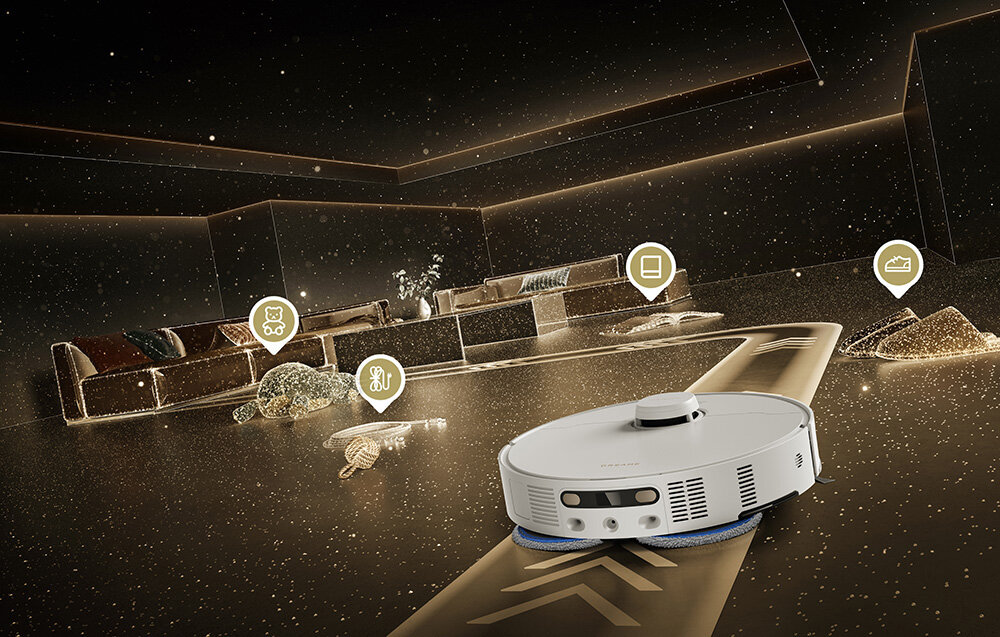 Robot sprzątający DREAME Matrix 10 Pro Biały zdjęcie lifestyle Inteligentna nawigacja AI System Pathfinder™ Smart Navigation (LDS) Technologia Smart 3DAdapt  kamerę RGB, światło strukturalne i AI  280 typów obiektów Podświetlenie LED 