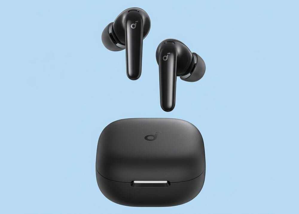 SOUNDCORE R60I ANC słuchawki dokanałowe bezprzewodowe ANC długi czas pracy mocny dźwięk komfort użytkowania, słuchawki dokanałowe z etui na błękitnym tle