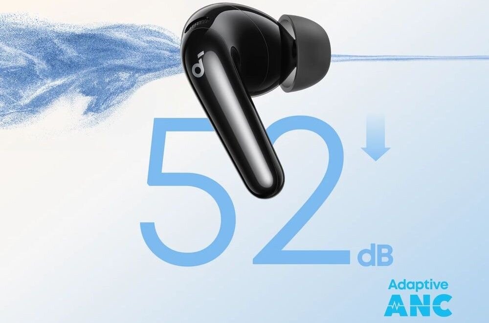 SOUNDCORE R60I ANC adaptacyjne ANC 52 dB redukcja hałasu real time izolacja dźwięków, słuchawka przez którą przechodzi dźwięk na błękitnym tle