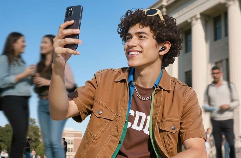 SOUNDCORE R60I ANC 6 mikrofonów AI redukcja szumów wyraźne rozmowy telefoniczne słuchawki, osoba z założonymi słuchawkami dokanałowymi trzymająca telefon w ręku