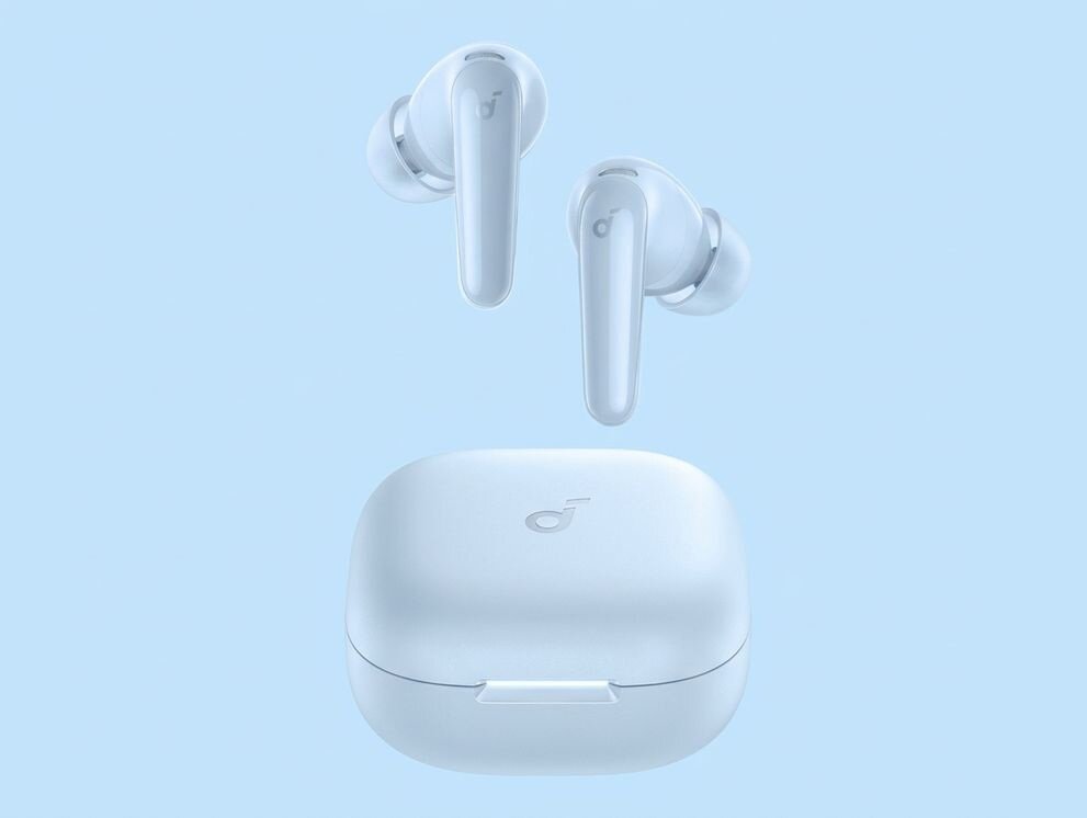 SOUNDCORE R60I ANC słuchawki dokanałowe bezprzewodowe ANC długi czas pracy mocny dźwięk komfort użytkowania, słuchawki dokanałowe z etui na błękitnym tle