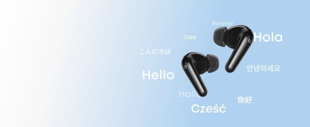 SOUNDCORE R60I ANC tłumacz AI ponad 100 języków aplikacja Soundcore tłumaczenia na żywo napisy, słuchawki na błękitnym tle