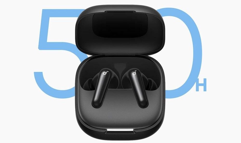 SOUNDCORE R60I ANC czas pracy 50 godzin etui szybkie ładowanie 10 minut 3.5h bateria słuchawki, słuchawki wraz z etui ładującym na jasnym tle, napis 50 h