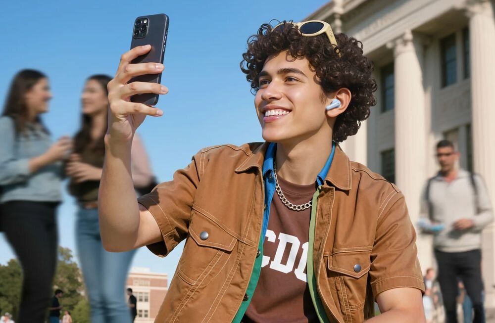 SOUNDCORE R60I ANC 6 mikrofonów AI redukcja szumów wyraźne rozmowy telefoniczne słuchawki, osoba z założonymi słuchawkami dokanałowymi trzymająca telefon w ręku