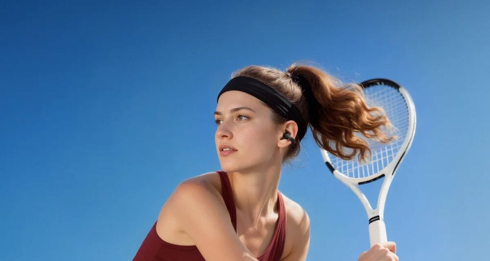 SOUNDCORE C50I Clip słuchawki powietrzne otwarta konstrukcja komfort cały dzień kontakt z otoczeniem, osoba z założonymi słuchawkami powietrznymi grająca w tenisa