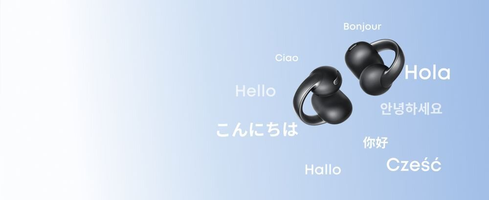 SOUNDCORE C50I Clip tłumacz AI ponad 100 języków aplikacja Soundcore tłumaczenia w czasie rzeczywistym, słuchawki powietrzne na błękitnym tle