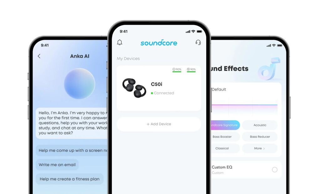 SOUNDCORE C50I Clip aplikacja Soundcore funkcje AI tłumaczenia ustawienia słuchawki mobilne, trzy samrtfony z włączoną aplikacją