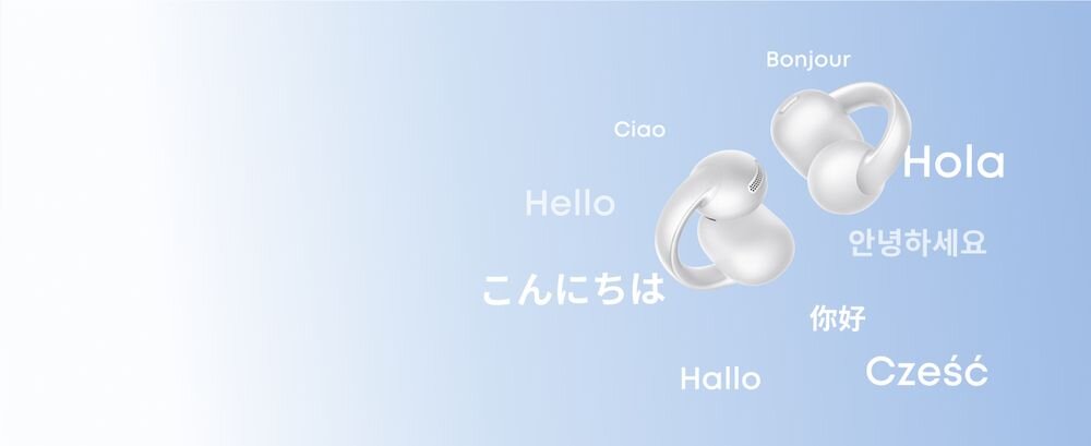 SOUNDCORE C50I Clip tłumacz AI ponad 100 języków aplikacja Soundcore tłumaczenia w czasie rzeczywistym, słuchawki powietrzne na błękitnym tle