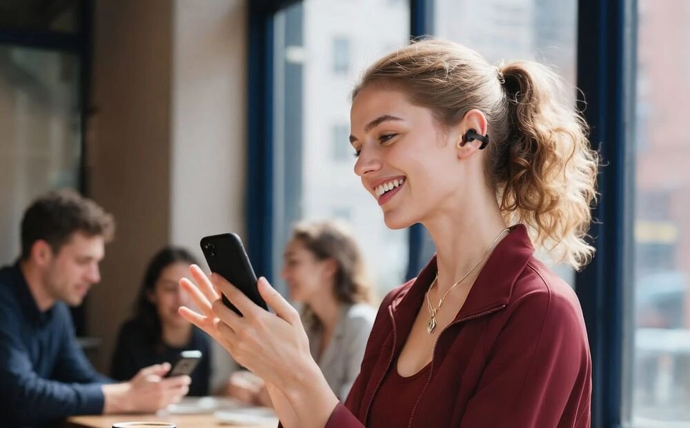 SOUNDCORE C50I Clip redukcja szumów AI wyraźne rozmowy mikrofon słuchawki bezprzewodowe, osoba z założonymi słuchawkami powietrznymi trzymająca smartfon w ręku