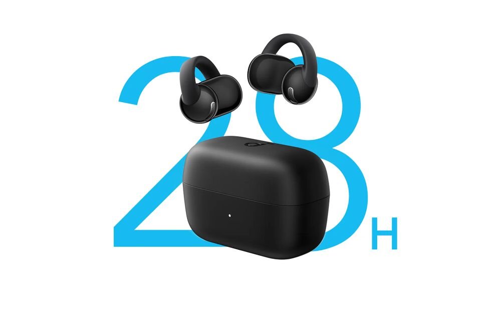 SOUNDCORE C50I Clip czas pracy 28 godzin etui szybkie ładowanie 10 minut bateria słuchawki, słuchawki wraz z euti na jasnym tle, logo 28 h