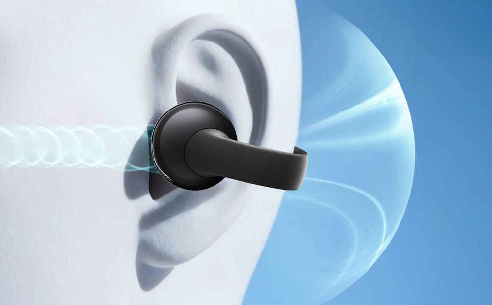 SOUNDCORE C50I Clip ograniczenie wycieku dźwięku prywatność słuchania konstrukcja głośnika, wizualizacja słuchawki założonej na uchu