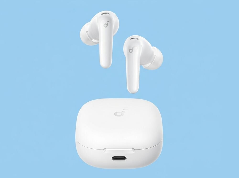 SOUNDCORE R60I ANC słuchawki dokanałowe bezprzewodowe ANC długi czas pracy mocny dźwięk komfort użytkowania, słuchawki dokanałowe z etui na błękitnym tle