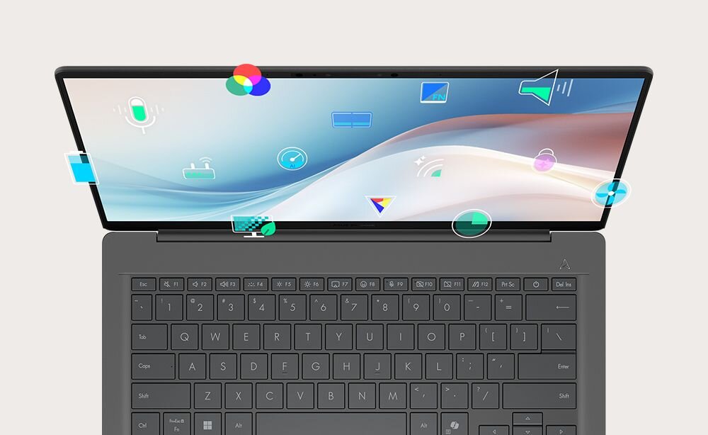 Laptop ASUS ZenBook widziany z góry z kolorowymi ikonami aplikacji MyASUS rozrzuconymi po ekranie na gradientowym tle i klawiaturą poniżej - Zestaw aplikacji i narzędzi MyASUS