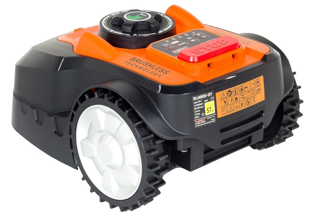Robot koszący NAC RLM800-DY sterowanie Bluetooth akumulator Li-Ion 2,5 Ah napięcie 20V powierzchnia 800 m2 maksymalne nachylenie terenu 35% czas pracy 100 minut