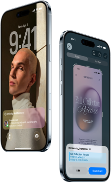 Dwa urządzenia iPhone Air pokazane z boku i z przodu, wyeksponowane są smukły profil, ekran blokady i działanie funkcji Inteligencja wizualna