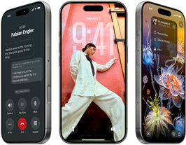 3 modele iPhone’a 17 Pro, przód, ustawione obok siebie urządzenia prezentują iOS 26, efekt Liquid Glass i funkcję Apple Intelligence