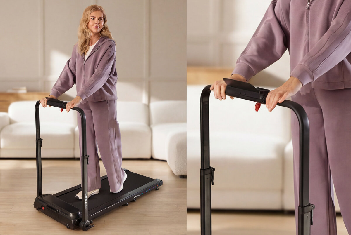 Bieżnia elektryczna SPOKEY Dash+ 932W 6 km/h, równowaga, bezpieczeństwo, wsparcie, postawa, bieżnia Spokey podniesiona pionowo