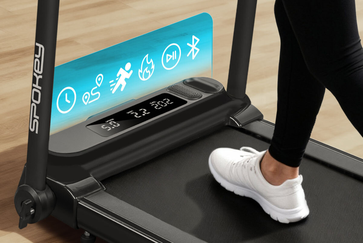 Bieżnia elektryczna SPOKEY Dash+ 932W 6 km/h, muzyka, technologia, bezprzewodowość, kontrola, Wyświetlacz LED bieżni Spokey z funkcjami Bluetooth