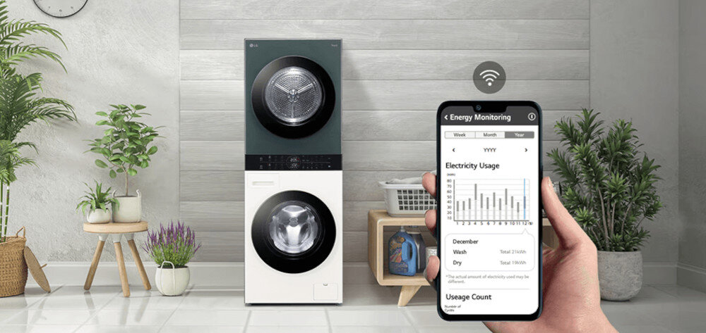 Pralko-suszarka Washtower LG WT1210EGF LG WashTower: monitorowanie zużycia energii oraz sterowanie urządzeniem przez aplikację mobilną.