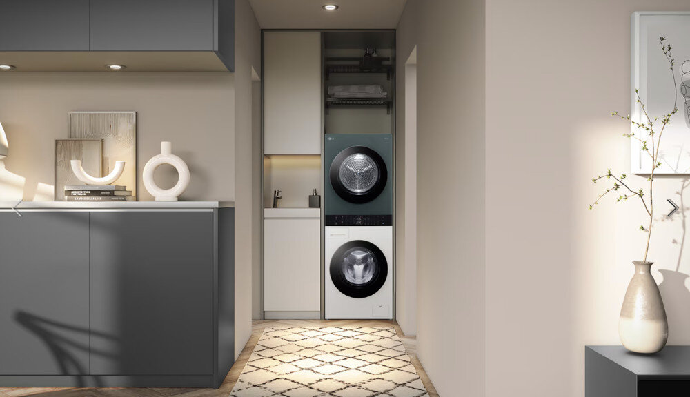 Pralko-suszarka Washtower LG WT1210EGF LG WashTower stylowa pralnia w zabudowie eleganckie wnętrze mieszkania do niewielkich pomieszczeń Oszczędność miejsca pralka suszarka w jednym