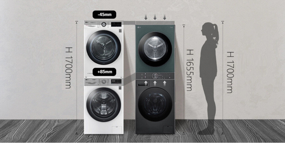 Pralko-suszarka Washtower LG WT1210EGF LG WashTower: porównanie wysokości tradycyjnych urządzeń i wieży, ergonomia, oszczędność miejsca