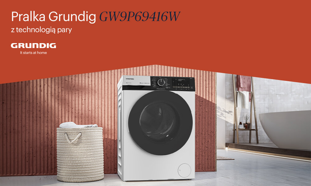 PRALKA GRUNDIG GW9P69416W Na grafice 1.jpg przedstawiono pralkę Grundig GW9P69416W z technologią pary, ustawioną w nowoczesnej łazience w ciepłej, minimalistycznej aranżacji. Górna część obrazu wypełniona jest czerwonym polem z logo Grundig oraz napisem „Pralka Grundig GW9P69416W z technologią pary”