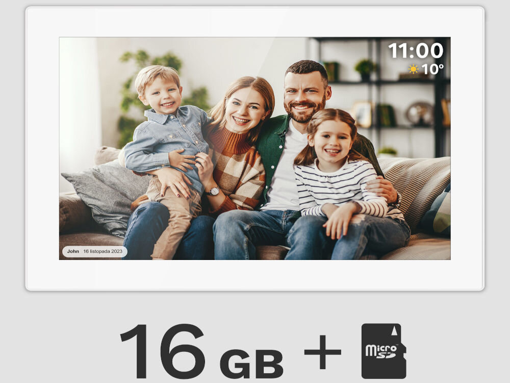 Biała ramka cyfrowa wyświetla zdjęcie czterech osób siedzących na kanapie, z datą \'16 listopada 2023\' i godziną \'11:00\' oraz temperaturą \'10°\'. Poniżej widoczny jest napis \'16 GB + microSD\'.