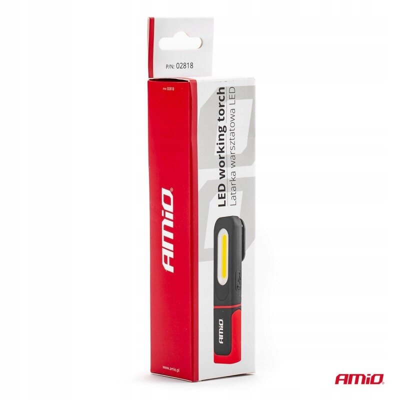 Opakowanie latarki warsztatowej LED marki AMiO z widocznym napisem \'LED working torch Latarka Warsztatowa LED\'. Na opakowaniu znajduje się również logo AMiO oraz numer P/N: 02818.