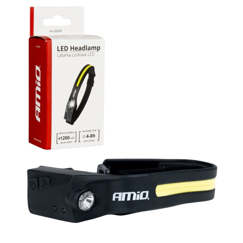Na obrazie widoczna jest czarna latarka czołowa z żółtym paskiem i logo \'AMiO\'. Obok znajduje się opakowanie z napisem \'LED Headlamp Latarka czołowa LED\', informacją o pojemności akumulatora 1200mAh i czasie pracy 4-8h.