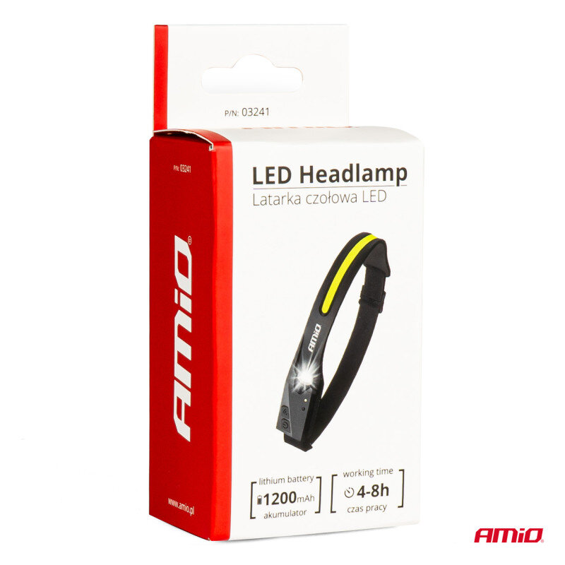 Opakowanie latarki czołowej LED marki AMiO z czujnikiem ruchu, z akumulatorem 1200mAh i czasem pracy 4-8h. Na opakowaniu widoczny jest napis \'LED Headlamp Latarka czołowa LED\' oraz logo AMiO.