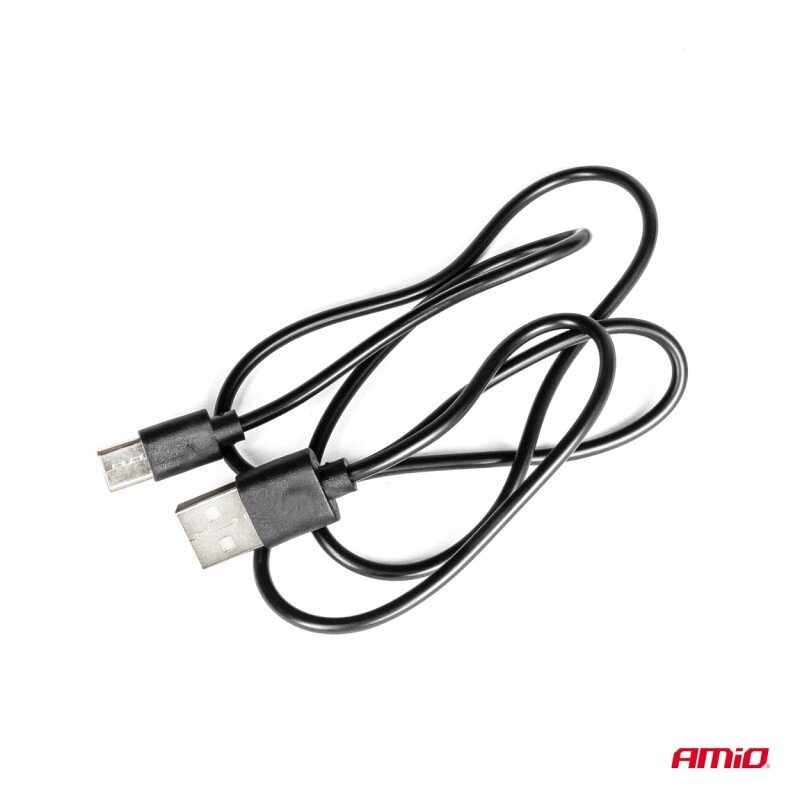 Czarny kabel USB z wtyczkami USB i micro USB. W prawym dolnym rogu widoczne jest logo \'AMiO\'.