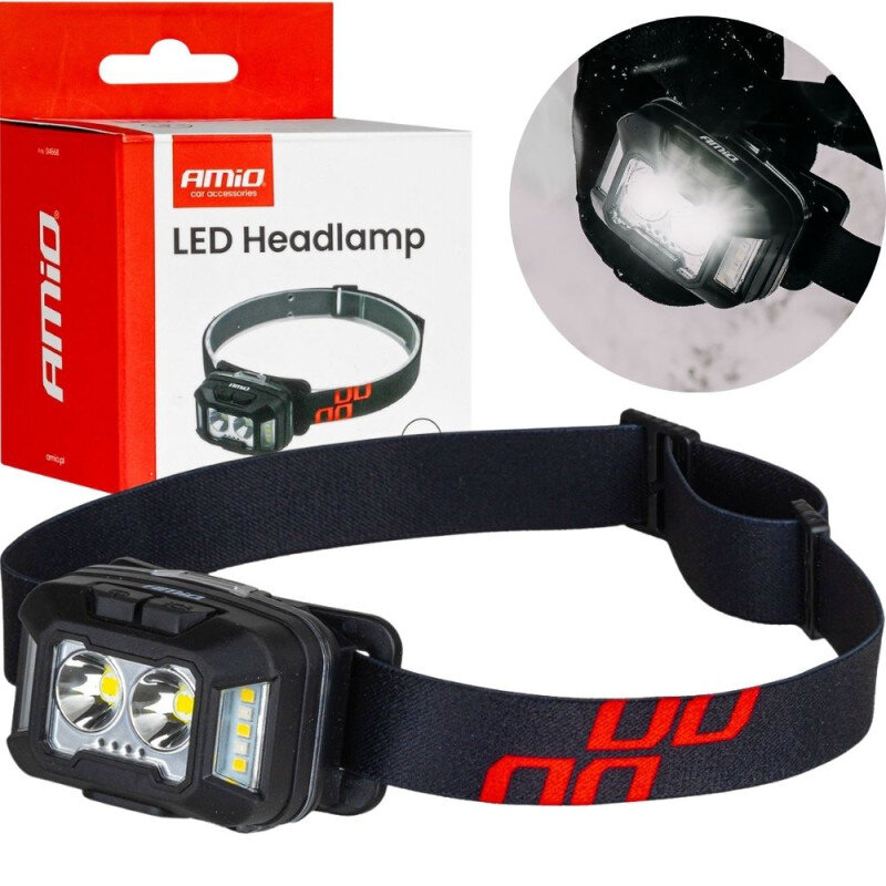 Na obrazie widoczna jest czarna latarka czołowa z dwoma dużymi diodami LED oraz opakowanie z napisem \'AMiO LED Headlamp\'.