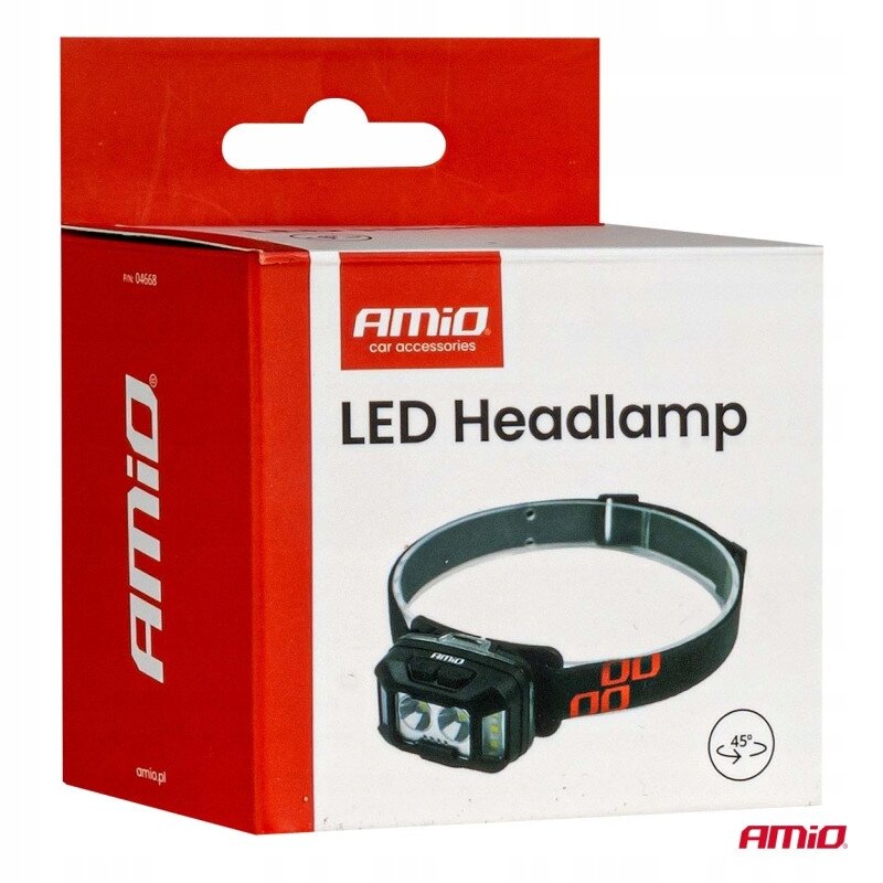 Opakowanie produktu z napisem \'AMiO car accessories LED Headlamp\' oraz grafiką przedstawiającą latarkę czołową. Logo AMiO widoczne jest na górze i boku opakowania.