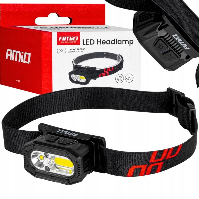 Na obrazie widoczna jest czarna latarka czołowa z napisem \'AMiO\' na opasce, obok której znajduje się czerwone pudełko z napisem \'AMiO LED Headlamp\'.