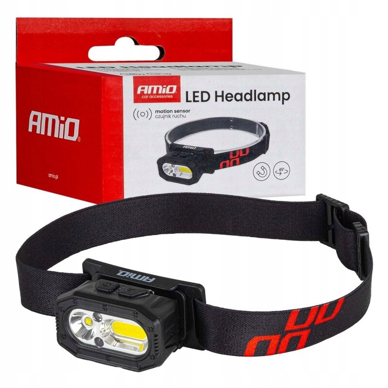 Na obrazie widoczna jest latarka czołowa z czarnym paskiem i żółtym elementem świetlnym, obok znajduje się pudełko z napisem \'AMiO LED Headlamp\'.