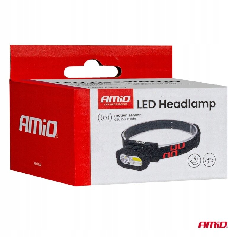 Opakowanie produktu z napisem \'AMiO LED Headlamp\' oraz grafiką przedstawiającą latarkę czołową. Widoczne są również ikony oznaczające czujnik ruchu i kąt nachylenia 45 stopni.