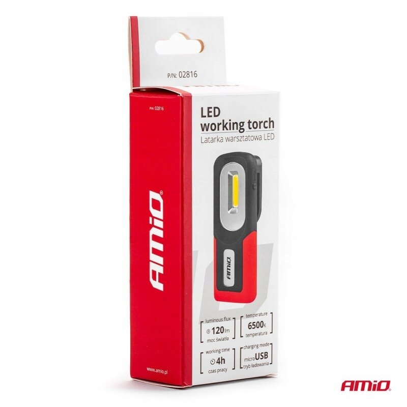Opakowanie latarki warsztatowej LED marki AMiO z widocznym produktem na froncie. Na opakowaniu znajdują się informacje: \'luminous flux 120 lm\', \'temperature 6500K\', \'working time 4h\', \'charging mode micro USB\'.
