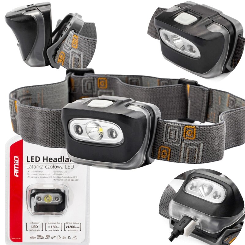 Na obrazie widoczna jest czarna latarka czołowa z szarym paskiem, posiadająca trzy diody LED. Opakowanie produktu zawiera tekst: \'AMiO LED Headlamp Latarka czołowa LED\', oraz specyfikacje: \'LED technology\', \'luminous flux 180 lm\', \'lithium battery 1200 mAh\'.