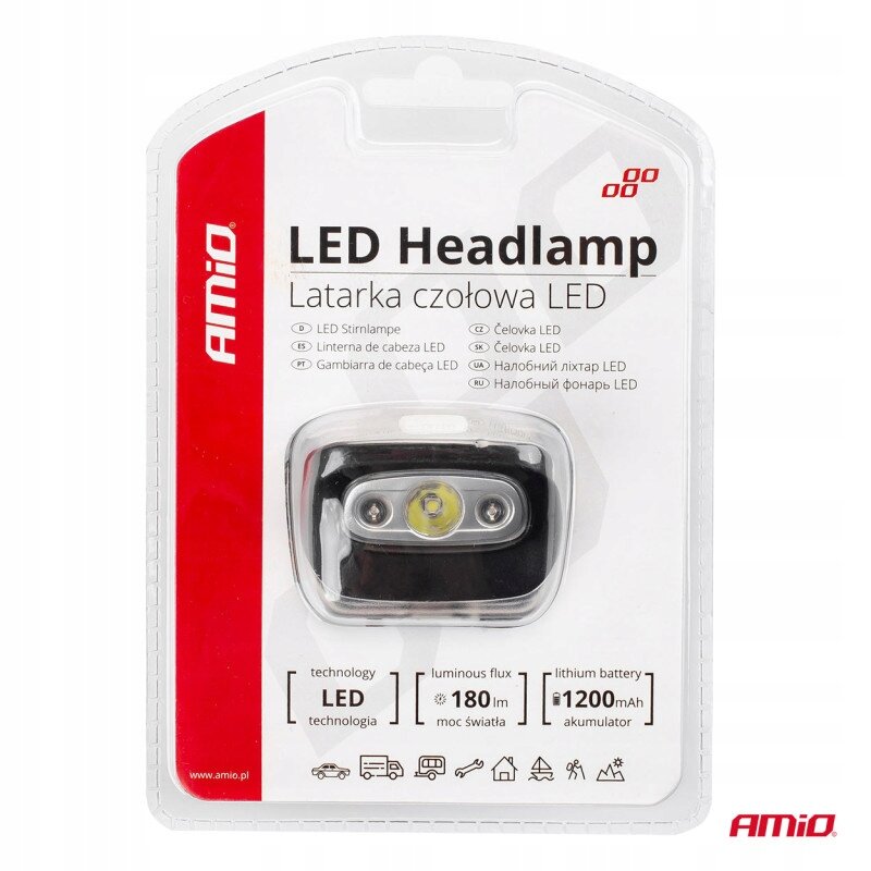 Opakowanie latarki czołowej LED marki AMiO z widocznym produktem w środku. Na opakowaniu znajdują się informacje: \'LED Headlamp\', \'Latarka czołowa LED\', \'180 lm moc światła\', \'1200 mAh akumulator\'.