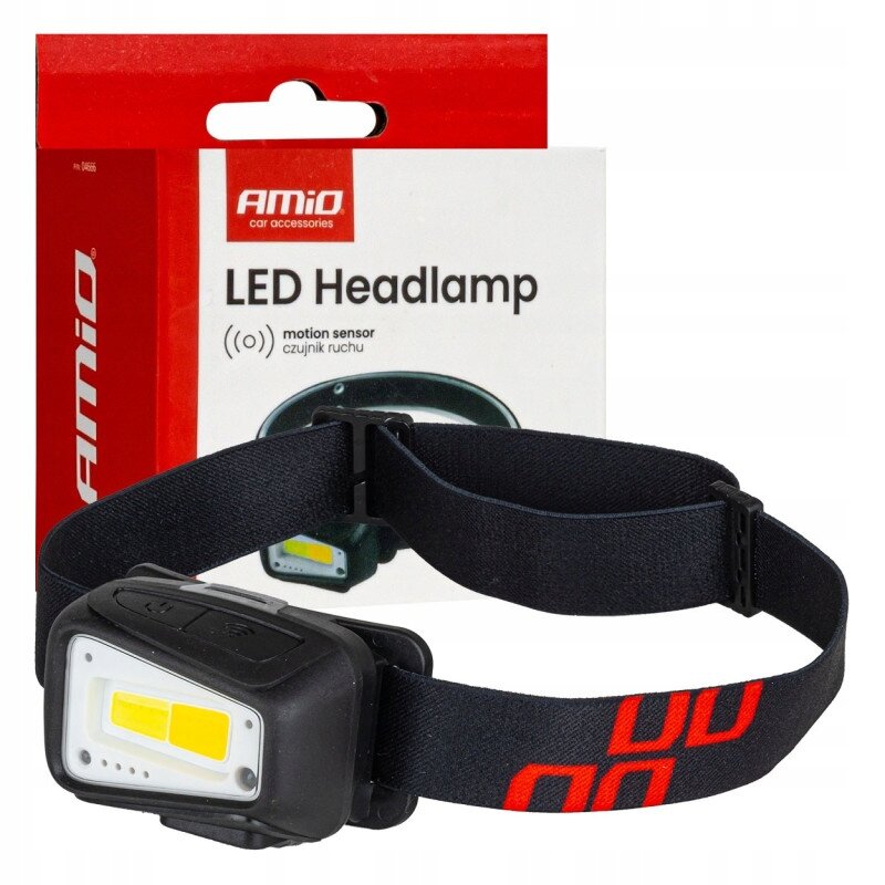 Na obrazie widoczna jest latarka czołowa z czarnym paskiem i żółtym panelem świetlnym, przed opakowaniem z napisem \'AMiO LED Headlamp motion sensor czujnik ruchu\'.