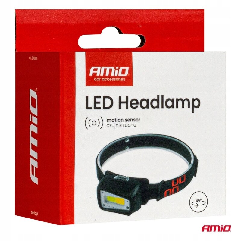 Opakowanie produktu z napisem \'AMiO car accessories LED Headlamp\' oraz \'motion sensor czujnik ruchu\'. Widoczna jest ilustracja latarki czołowej i logo AMiO.