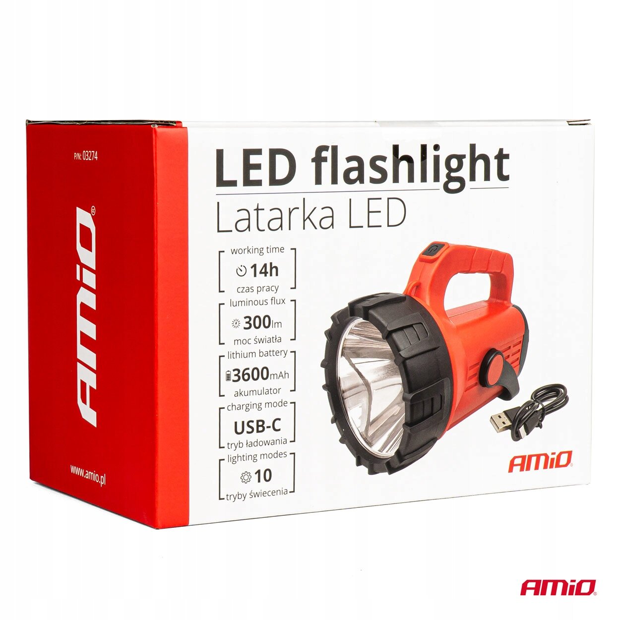 Opakowanie latarki LED z czerwonym uchwytem i czarnym reflektorem, obok kabel USB-C. Na opakowaniu widnieje tekst: \'LED flashlight Latarka LED\', \'working time 14h czas pracy\', \'luminous flux 300m moc światła\', \'lithium battery 3600mAh akumulator\', \'charging mode USB-C tryb ładowania\', \'lighting modes 10 tryby świecenia\'.