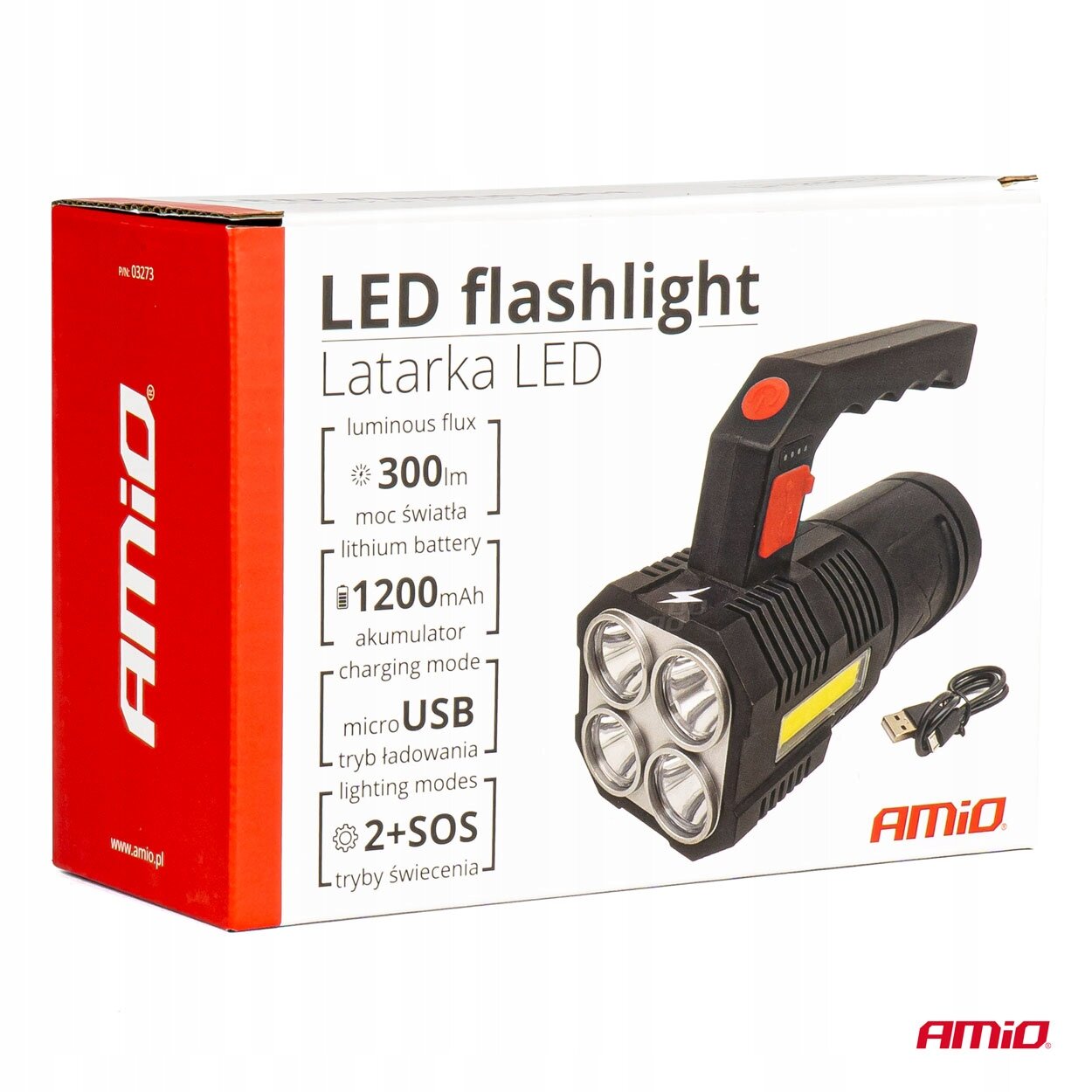 Opakowanie latarki LED marki AMiO z widocznymi specyfikacjami: 300 lm moc światła, 1200 mAh akumulator, micro USB tryb ładowania, 2+SOS tryby świecenia. Obok latarki znajduje się kabel USB, a na opakowaniu widnieje logo AMiO.