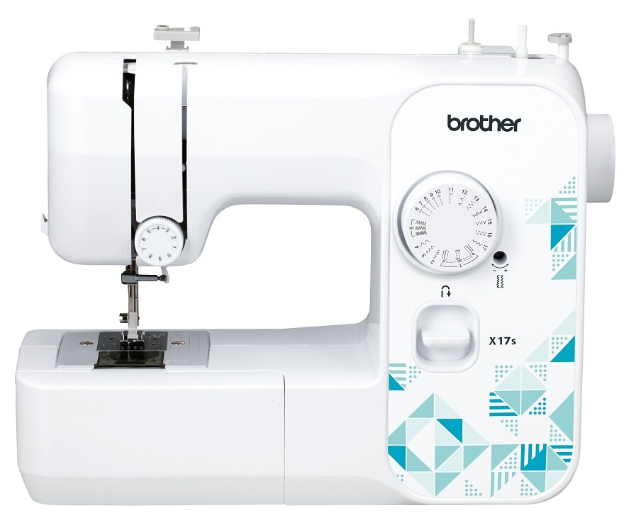 Biała maszyna do szycia z widocznym logo \'brother\' i oznaczeniem modelu \'X17s\'. Na obudowie znajdują się kolorowe wzory geometryczne oraz pokrętło z oznaczeniami ściegów.